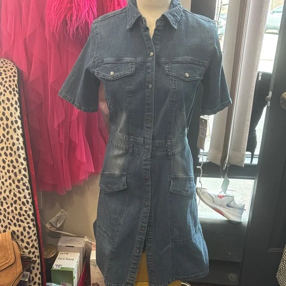 Denim Midi Shirt Dress with Pearl Detail - Blue - Picture 9 of 12